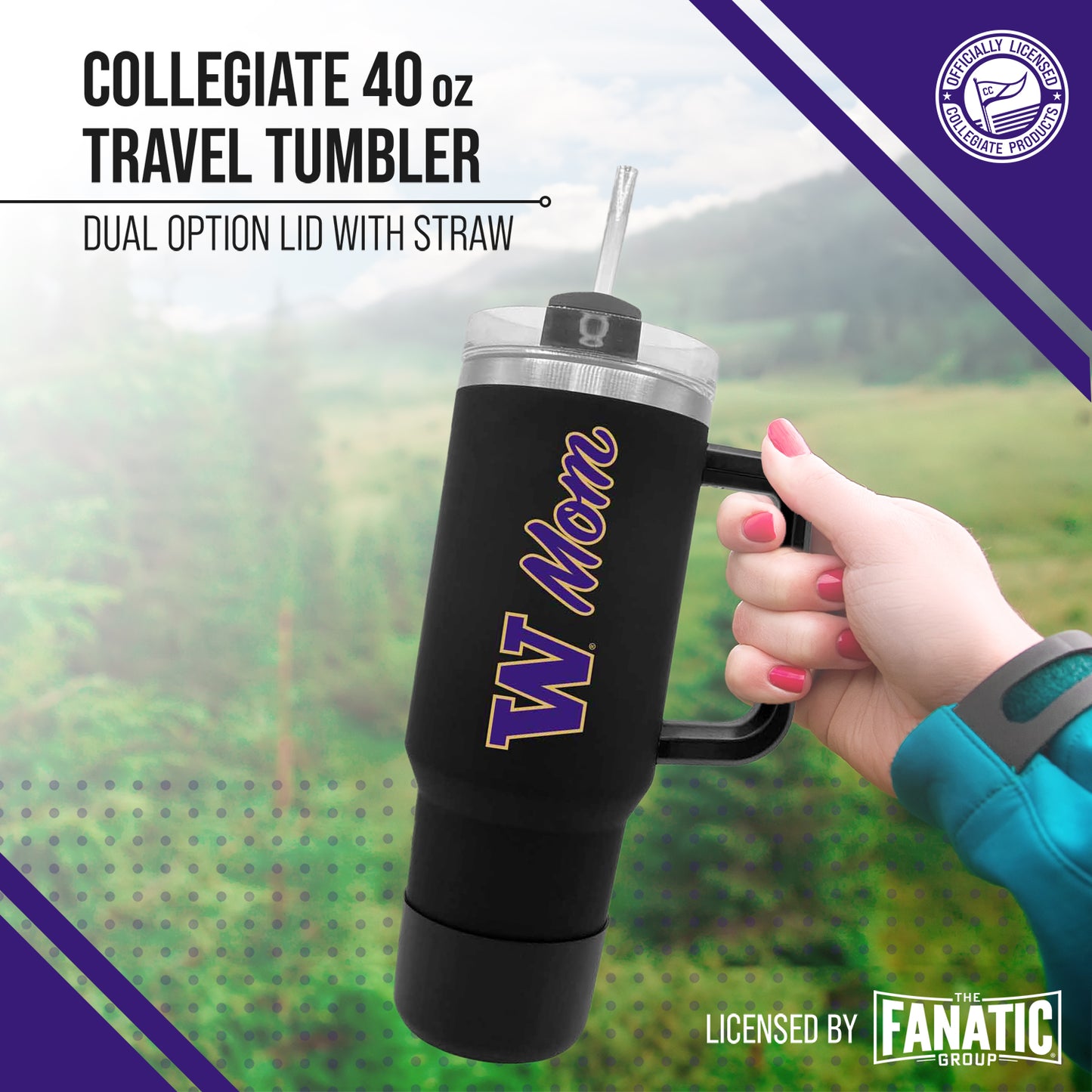 Washington Huskies Collegiate 40oz Stainless Steel Travel Tumbler with Handle for Mom - Black