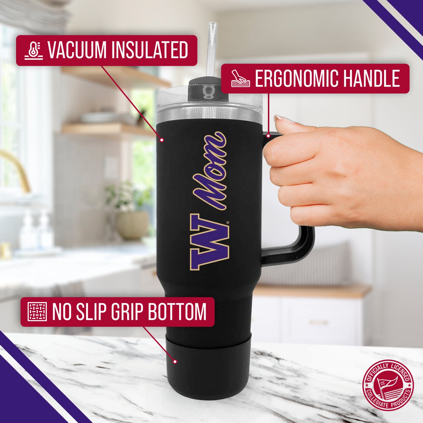 Washington Huskies Collegiate 40oz Stainless Steel Travel Tumbler with Handle for Mom - Black