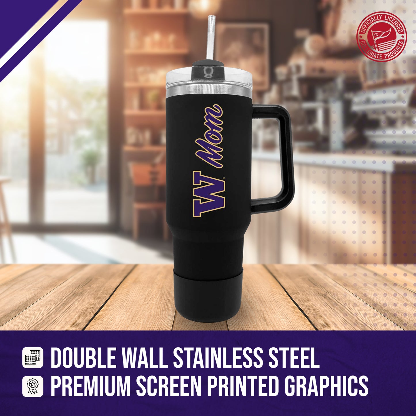 Washington Huskies Collegiate 40oz Stainless Steel Travel Tumbler with Handle for Mom - Black