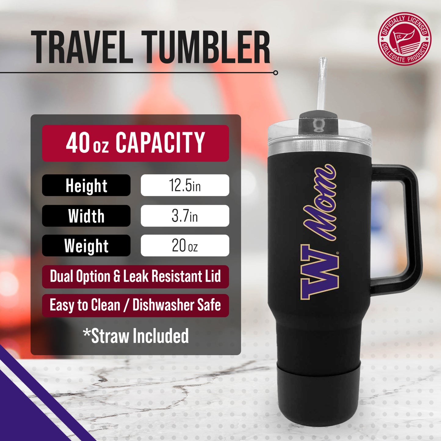 Washington Huskies Collegiate 40oz Stainless Steel Travel Tumbler with Handle for Mom - Black