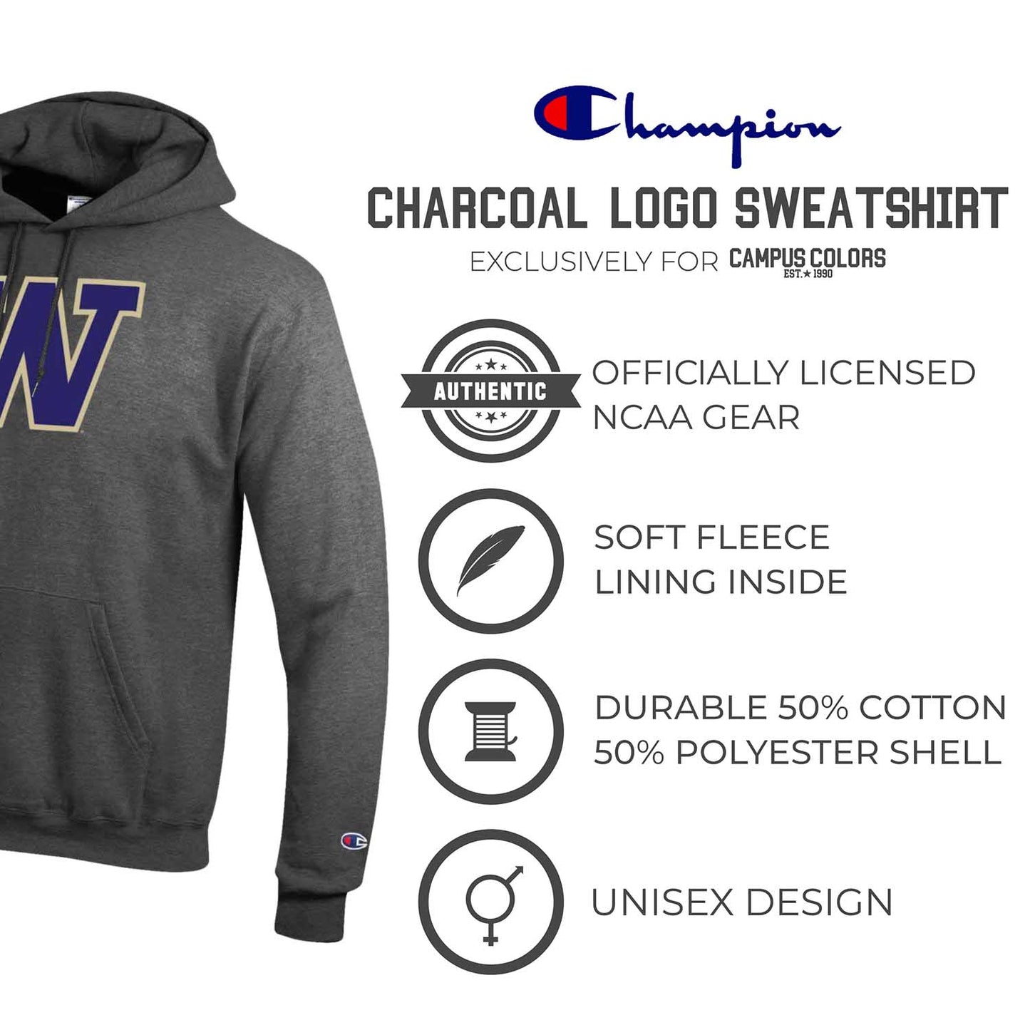 Washington Huskies Adult Mascot Fleece Hooded Sweatshirt - Charcoal
