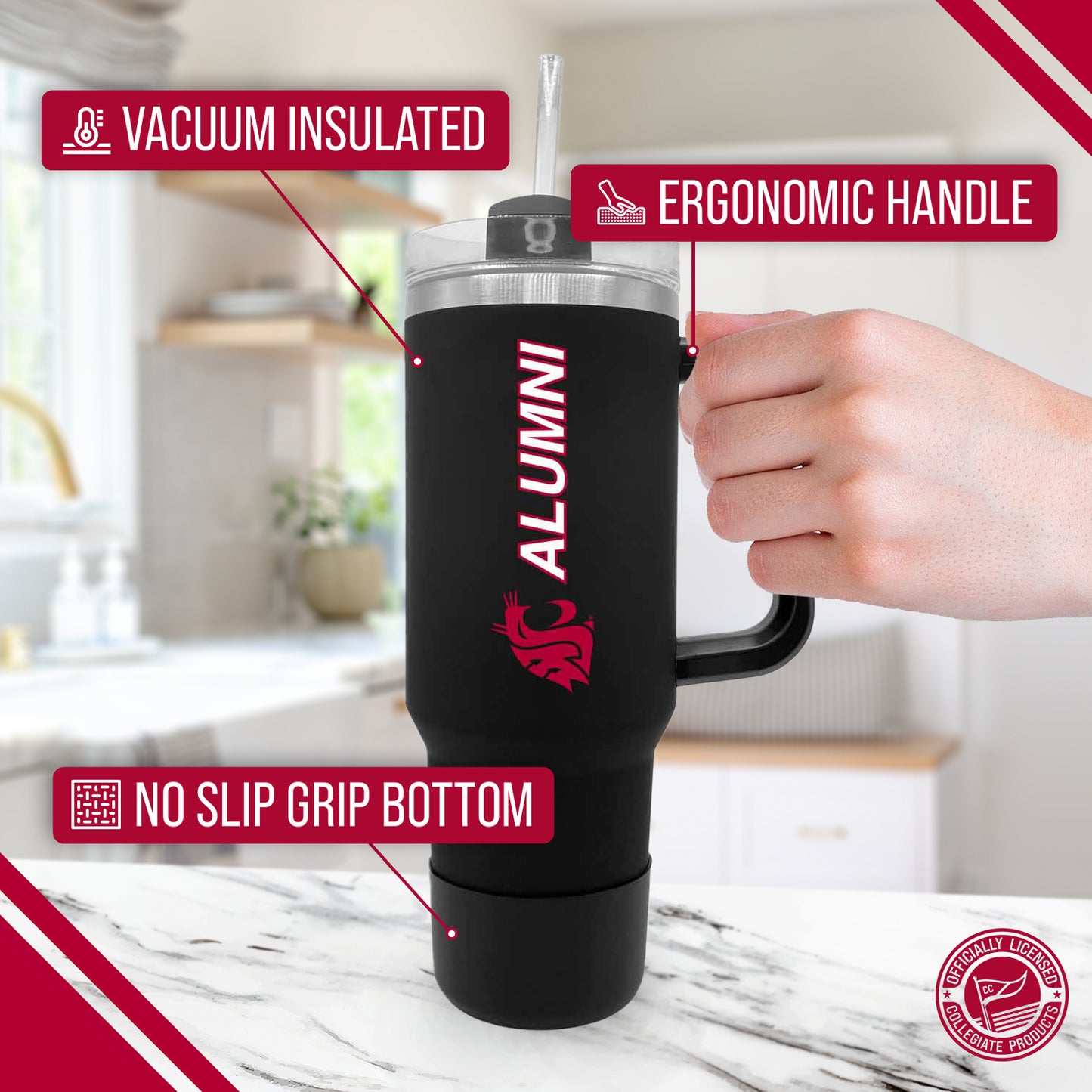 Washington State Cougars Collegiate 40oz Stainless Steel Travel Tumbler with Handle for Alumni - Black