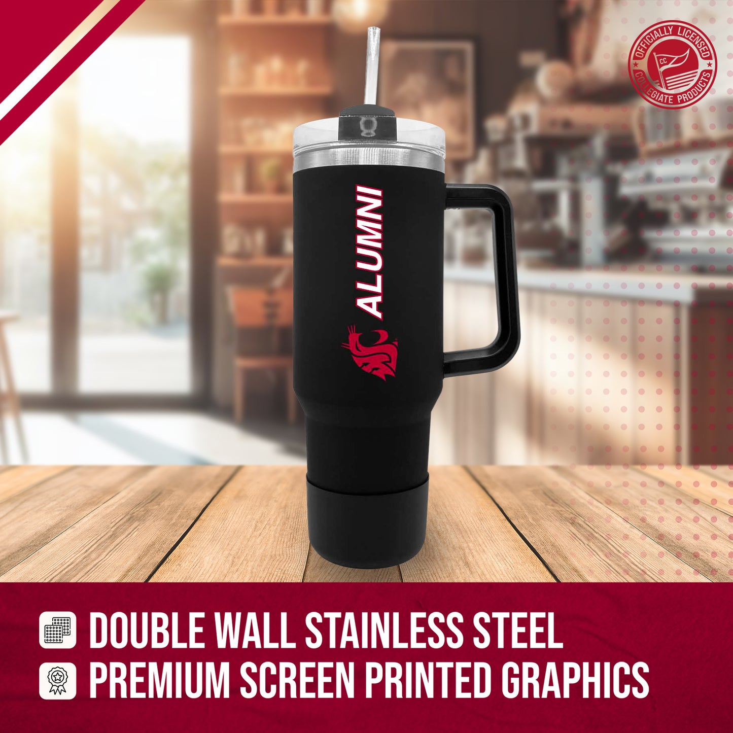 Washington State Cougars Collegiate 40oz Stainless Steel Travel Tumbler with Handle for Alumni - Black