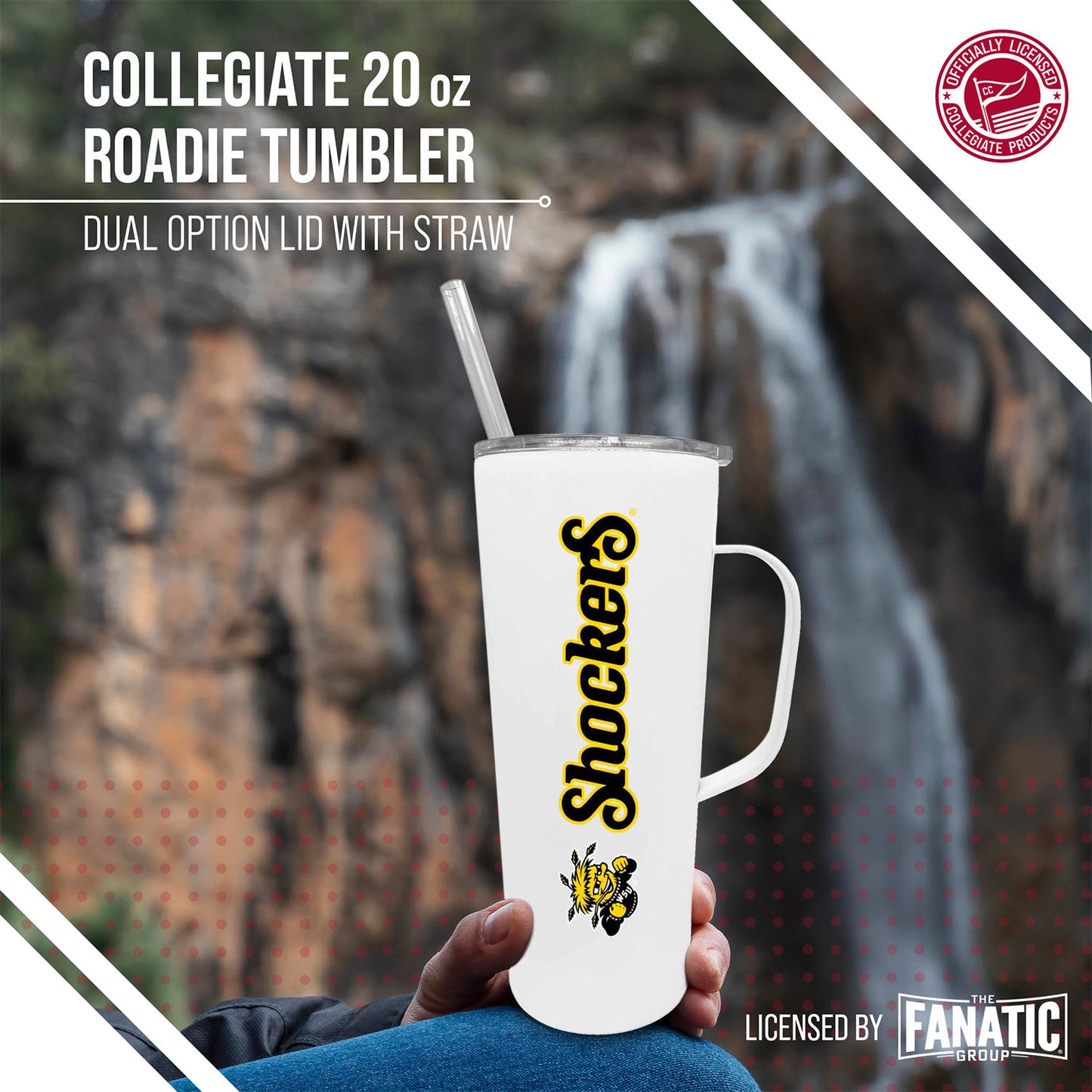 Wichita State Shockers NCAA Stainless Steel 20oz Roadie With Handle & Dual Option Lid With Straw - White