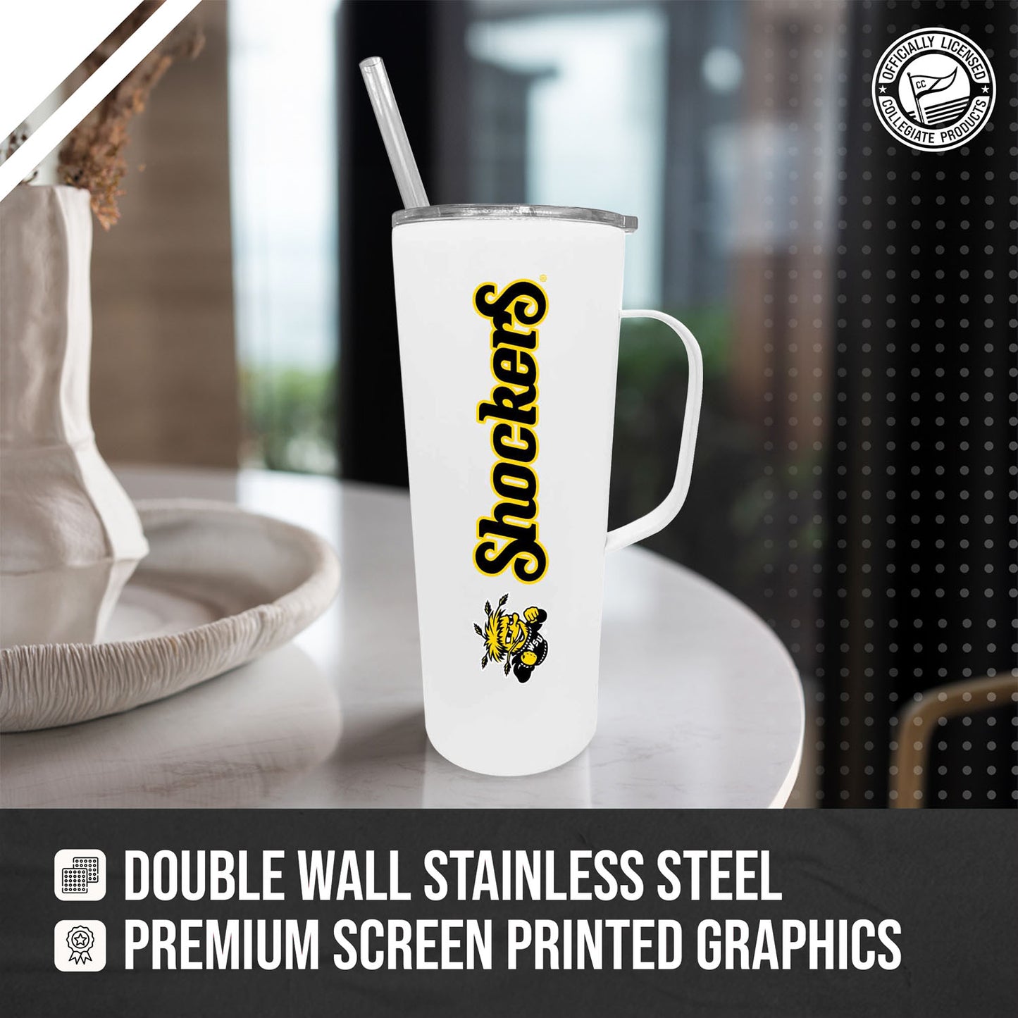 Wichita State Shockers NCAA Stainless Steel 20oz Roadie With Handle & Dual Option Lid With Straw - White