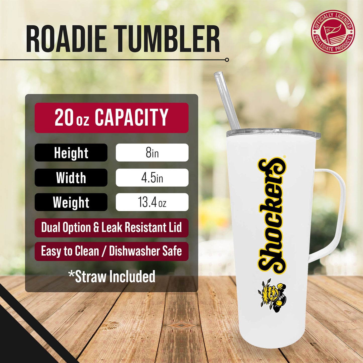 Wichita State Shockers NCAA Stainless Steel 20oz Roadie With Handle & Dual Option Lid With Straw - White