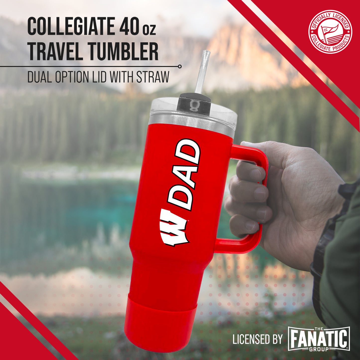 Wisconsin Badgers Collegiate 40oz Stainless Steel Travel Tumbler with Handle for Dad - Red