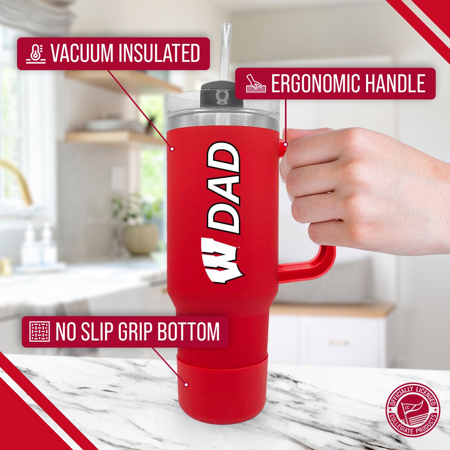Wisconsin Badgers Collegiate 40oz Stainless Steel Travel Tumbler with Handle for Dad - Red