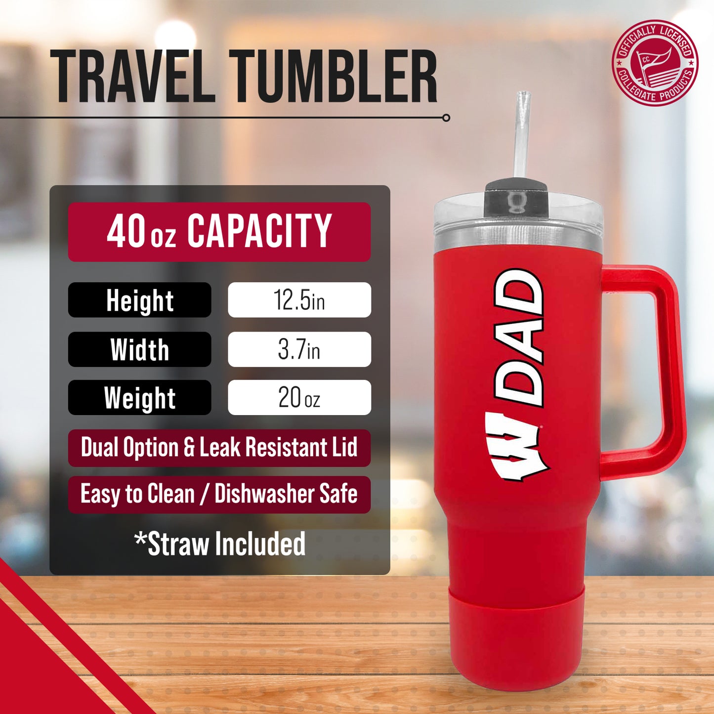 Wisconsin Badgers Collegiate 40oz Stainless Steel Travel Tumbler with Handle for Dad - Red