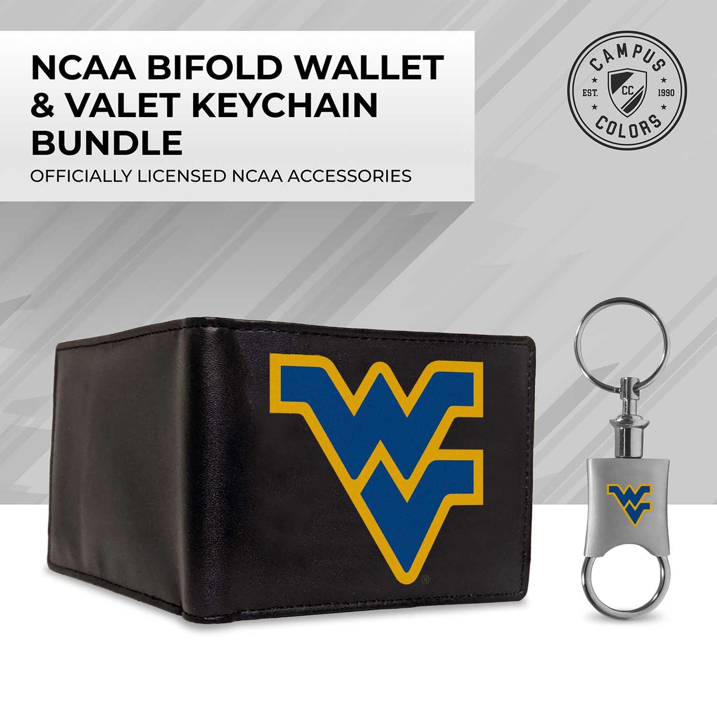 West Virginia Mountaineers University Team Logo Mens Bi Fold Wallet and Unisex Valet Keychain Bundle - Black