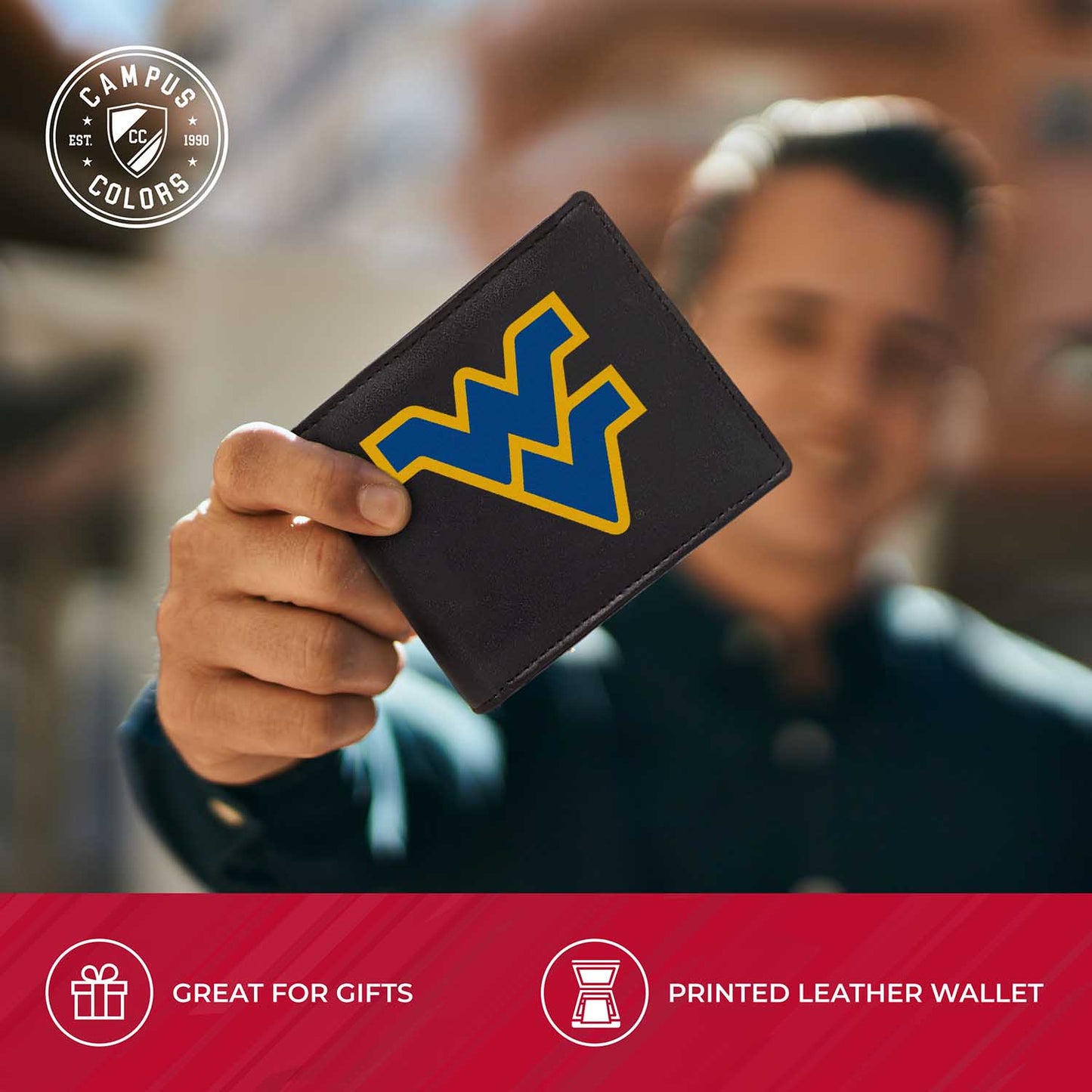 West Virginia Mountaineers University Team Logo Mens Bi Fold Wallet and Unisex Valet Keychain Bundle - Black