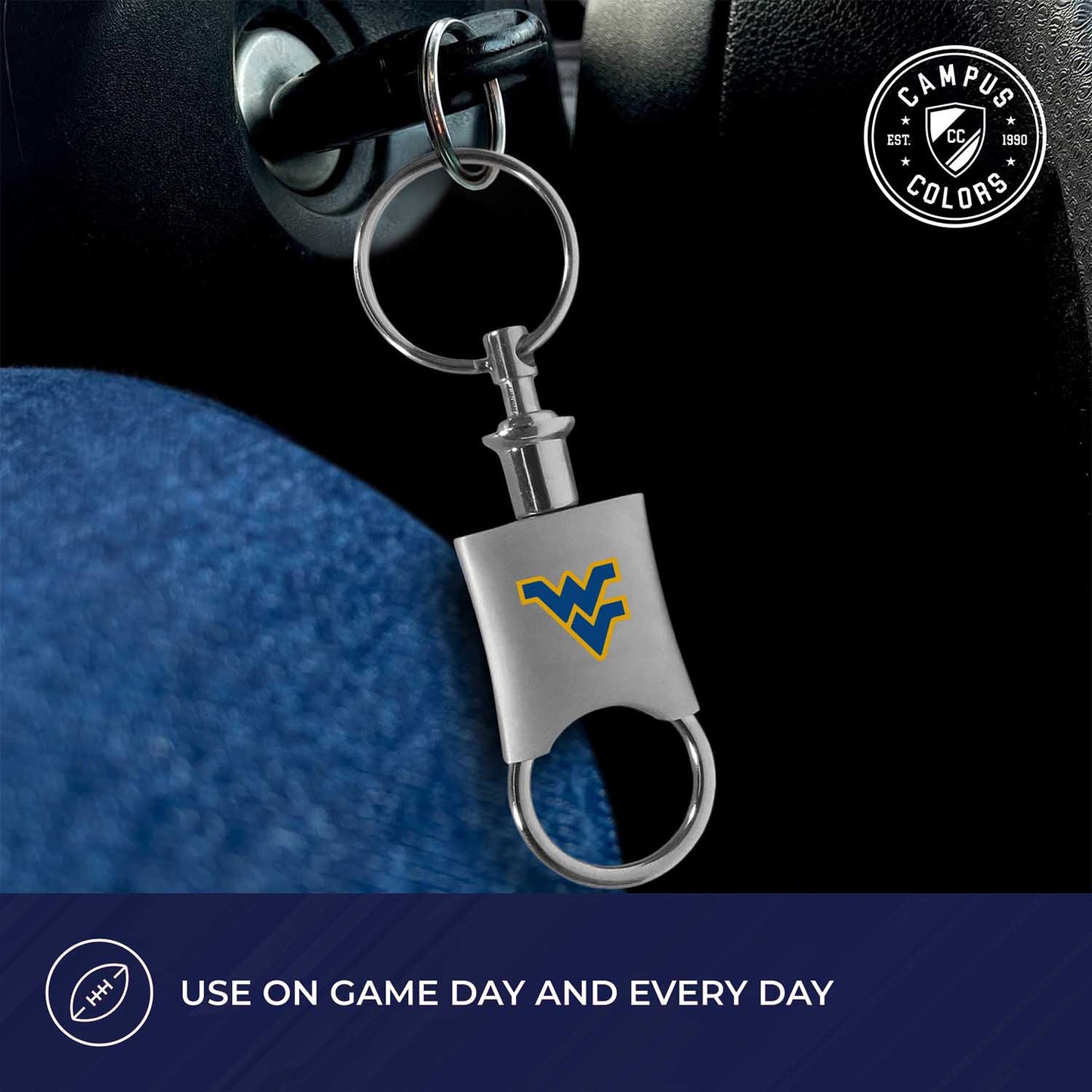 West Virginia Mountaineers University Team Logo Mens Bi Fold Wallet and Unisex Valet Keychain Bundle - Black