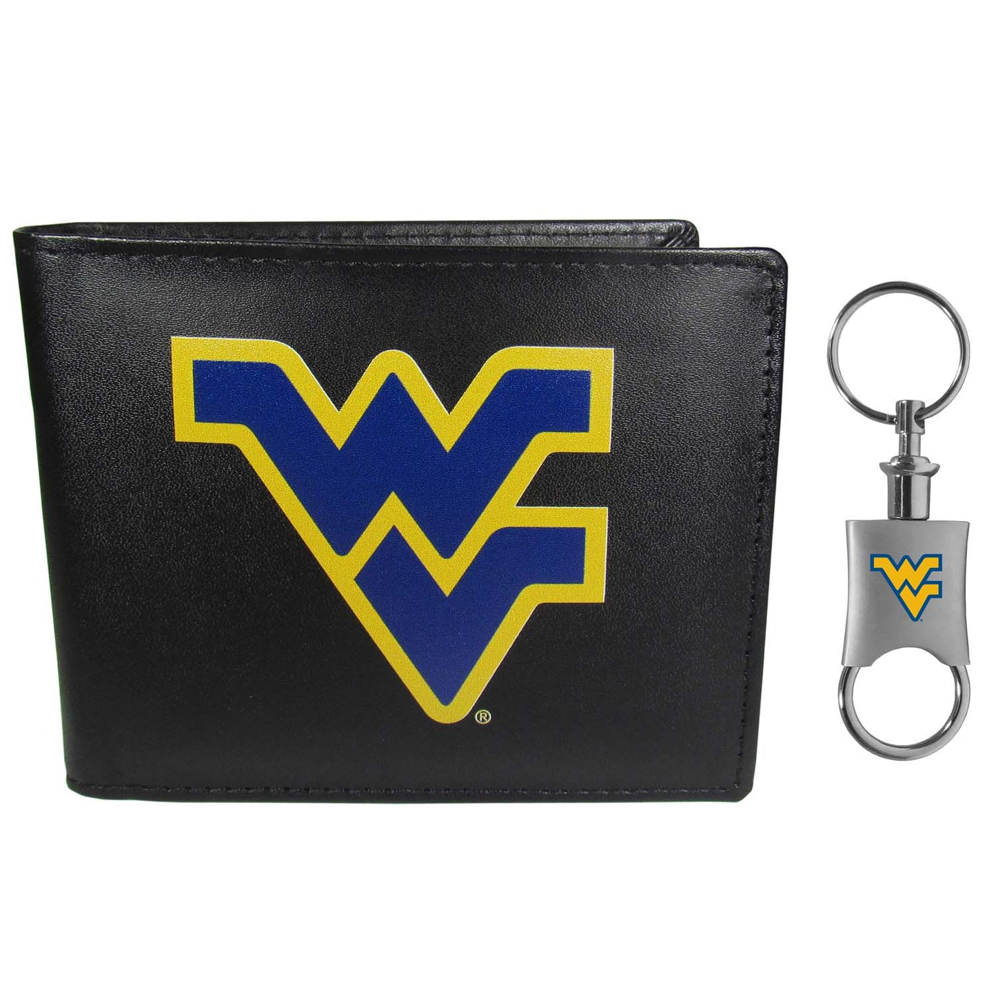 West Virginia Mountaineers University Team Logo Mens Bi Fold Wallet and Unisex Valet Keychain Bundle - Black
