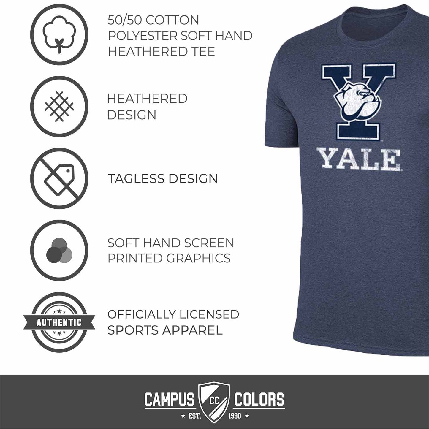 Yale Bulldogs Adult MVP Heathered Cotton Blend T-Shirt - Navy