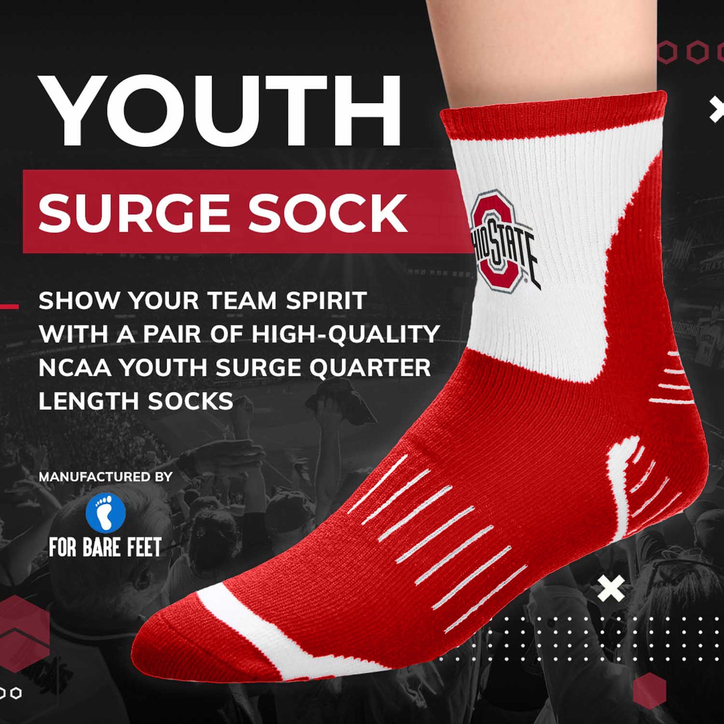 Ohio State Buckeyes Youth Surge Crew Socks Sports Fan For Boys and Girls with Logo - Red