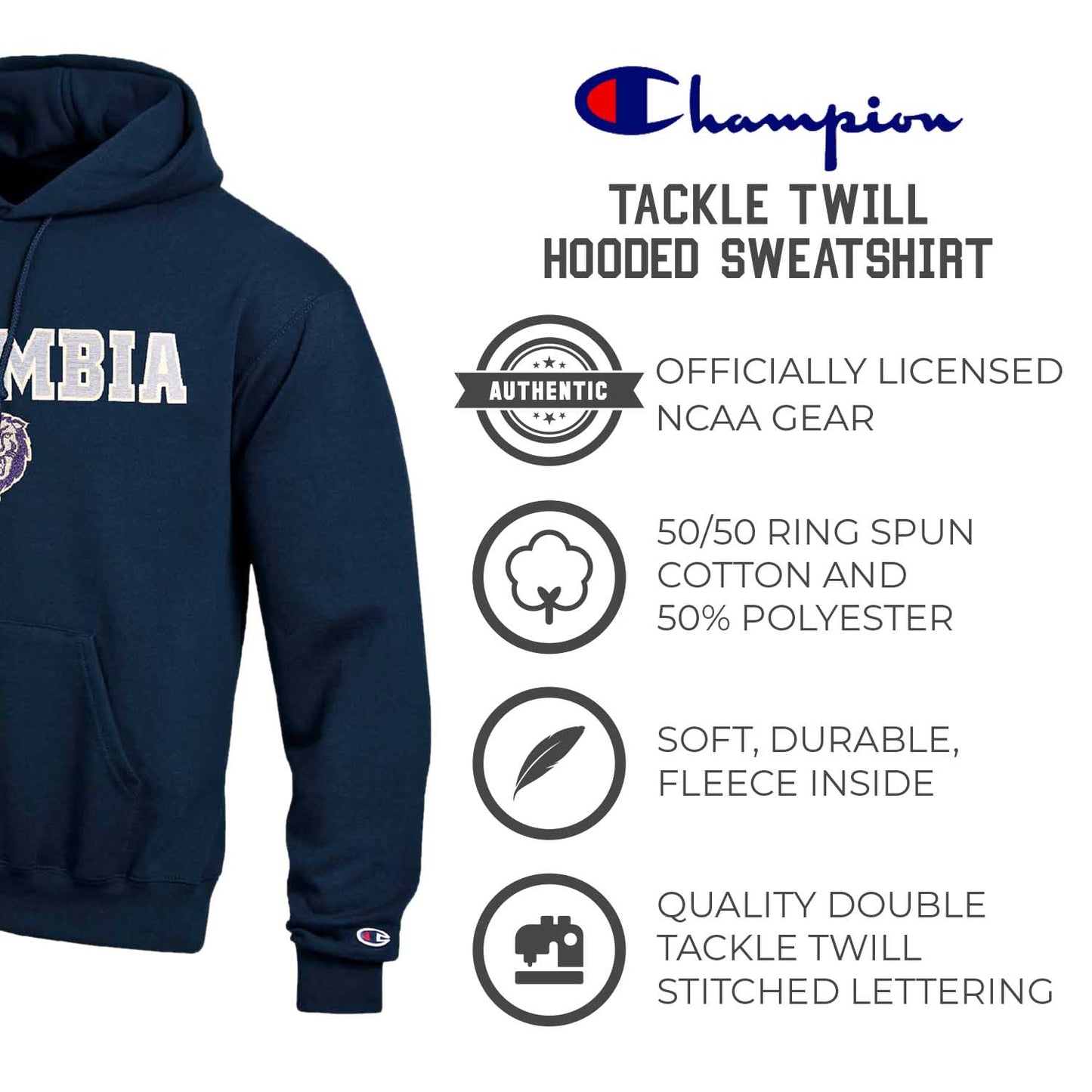 Columbia Lions Champion Adult Tackle Twill Hooded Sweatshirt - Navy