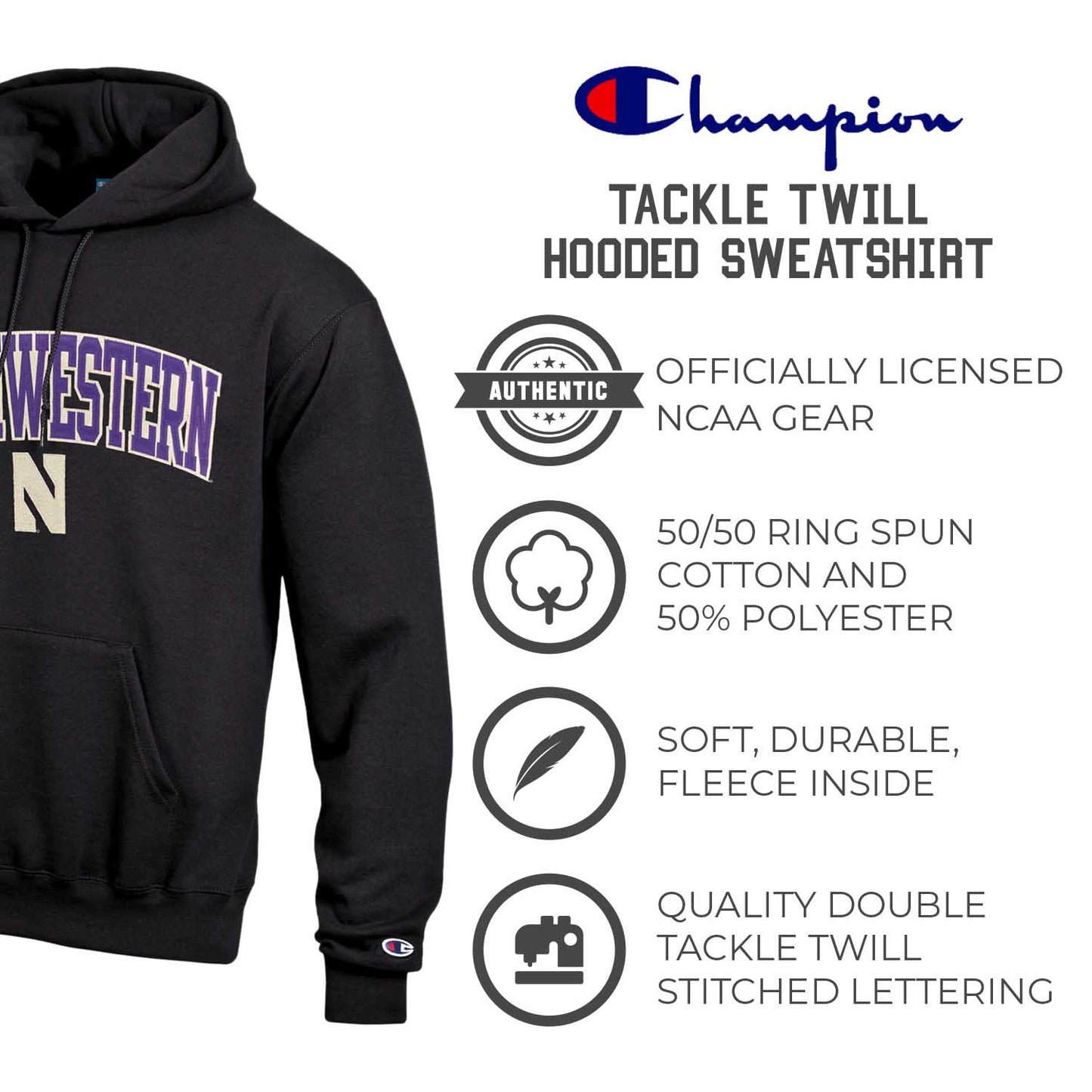 Northwestern Wildcats Champion Adult Tackle Twill Hooded Sweatshirt - Black