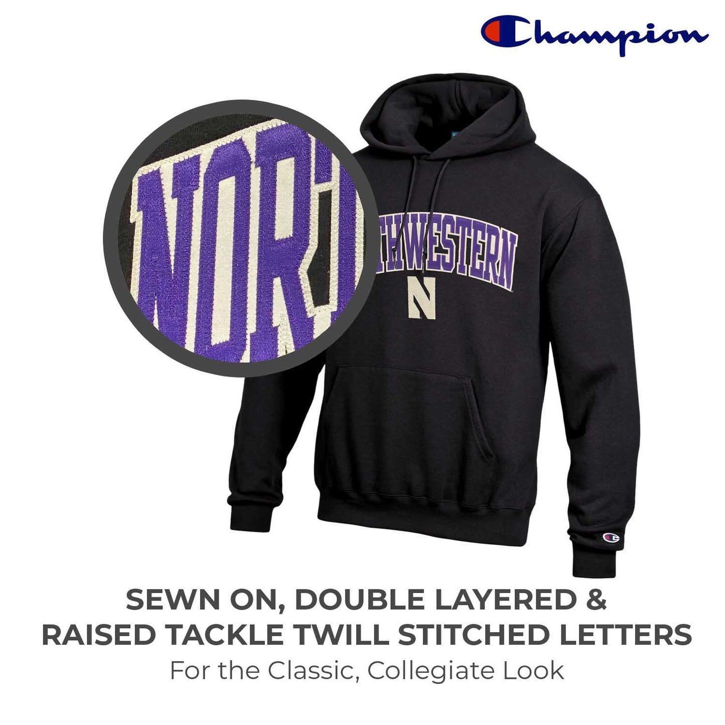 Northwestern Wildcats Champion Adult Tackle Twill Hooded Sweatshirt - Black