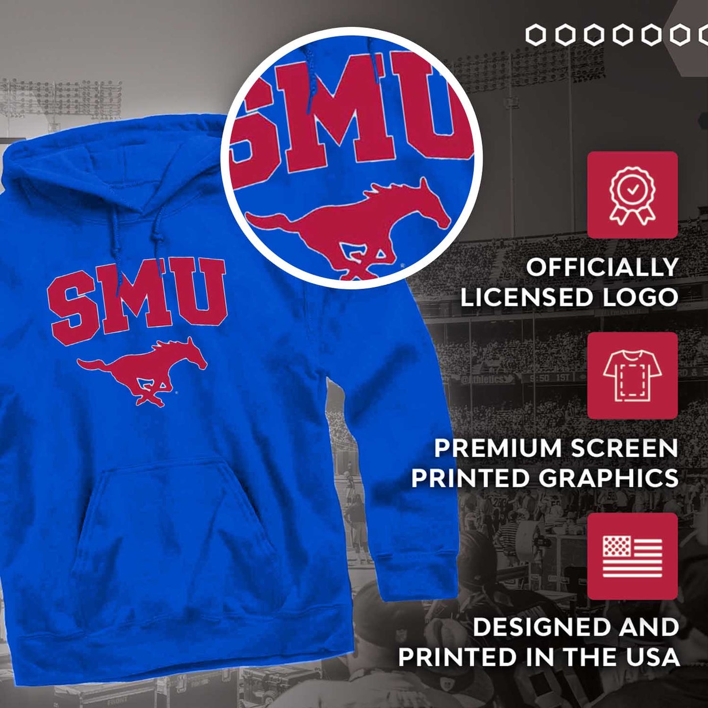 SMU Mustangs Campus Colors Adult Arch & Logo Soft Style Gameday Hooded Sweatshirt  - Royal