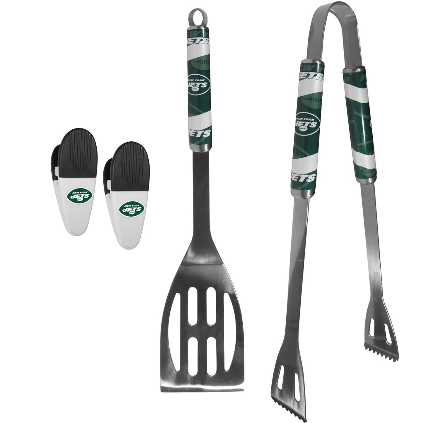 New York Jets NFL Two Piece Grilling Tools Set with 2 Magnet Chip Clips - Chrome