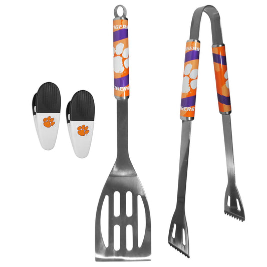 Clemson Tigers Collegiate University Two Piece Grilling Tools Set with 2 Magnet Chip Clips - Chrome