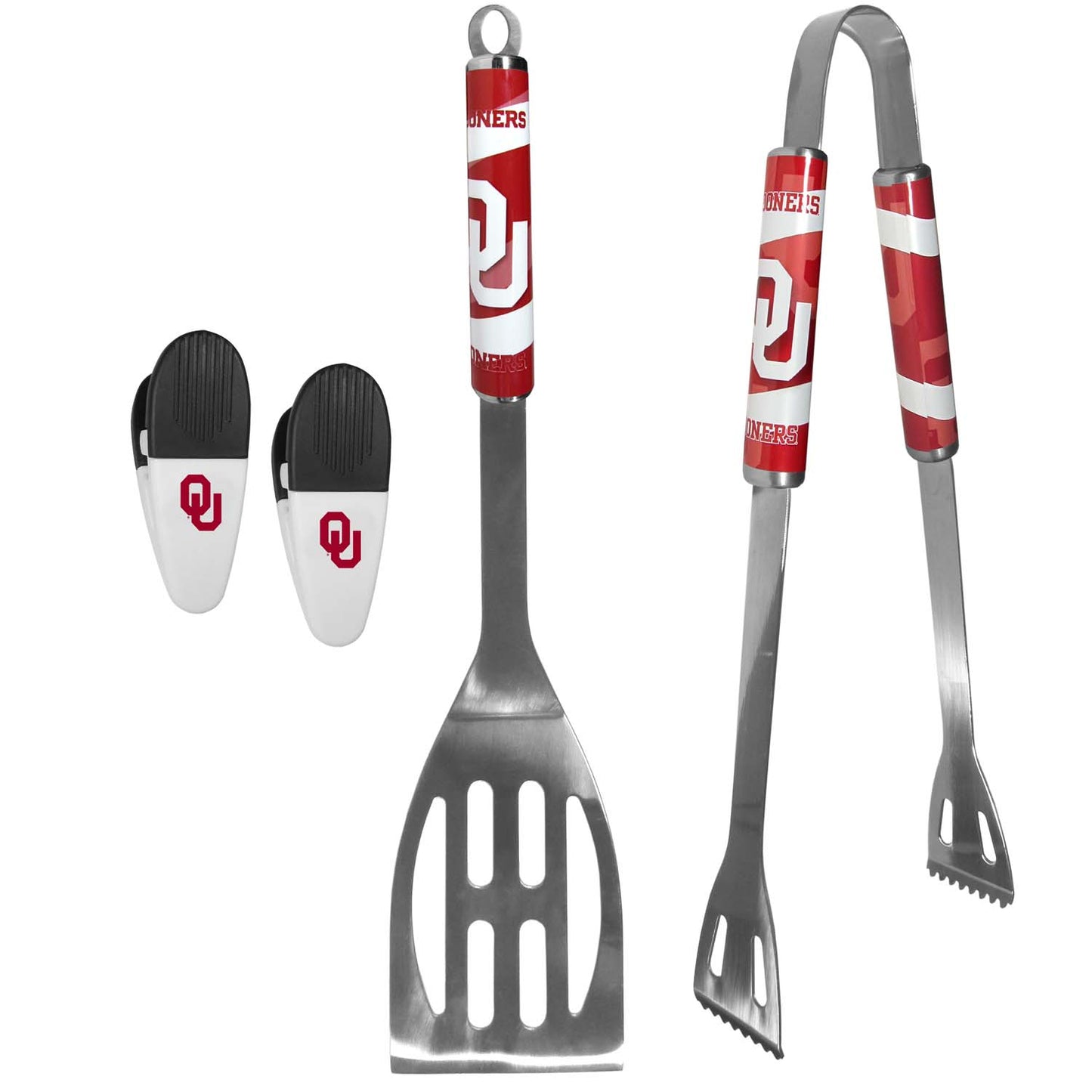 Oklahoma Sooners Collegiate University Two Piece Grilling Tools Set with 2 Magnet Chip Clips - Chrome