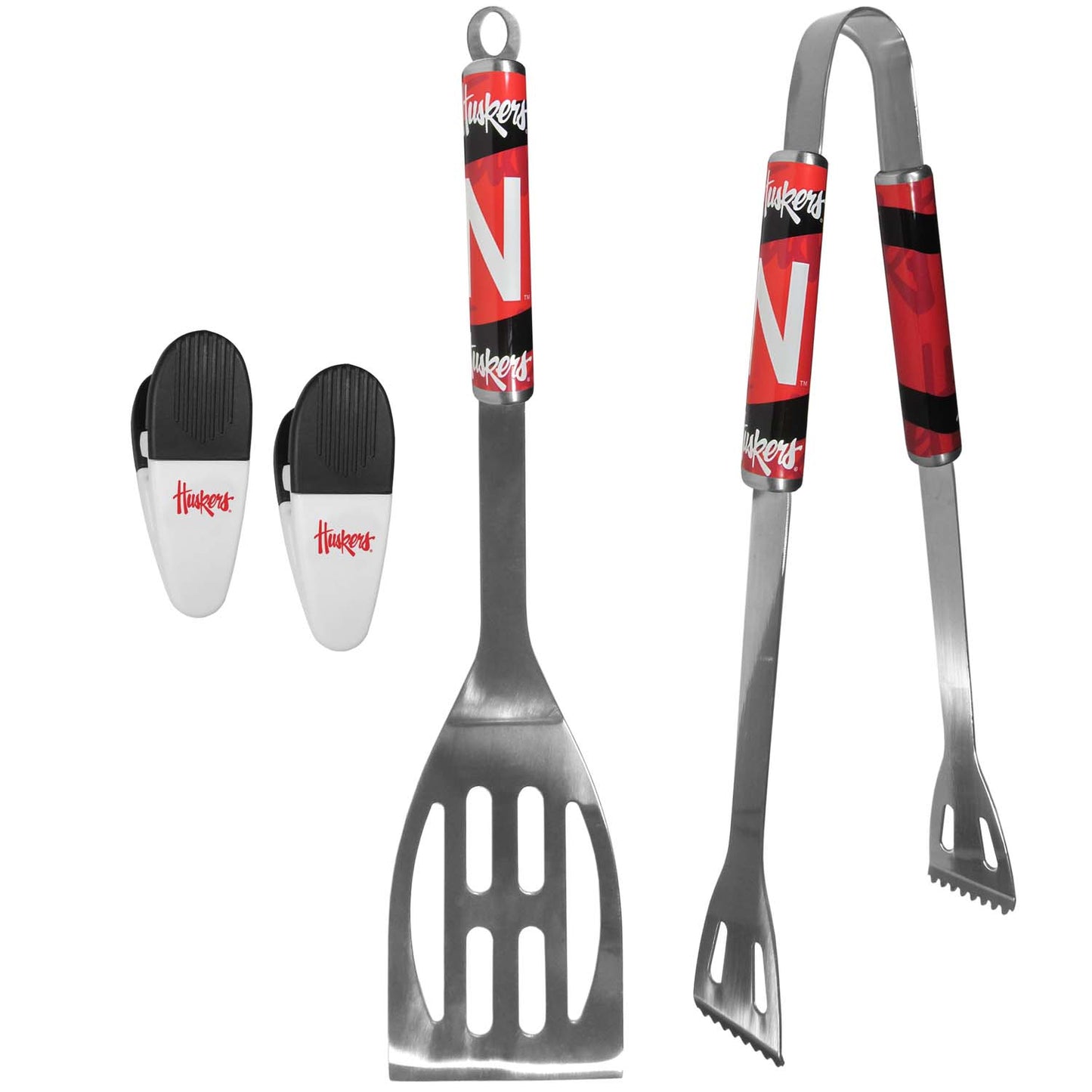 Nebraska Cornhuskers Collegiate University Two Piece Grilling Tools Set with 2 Magnet Chip Clips - Chrome