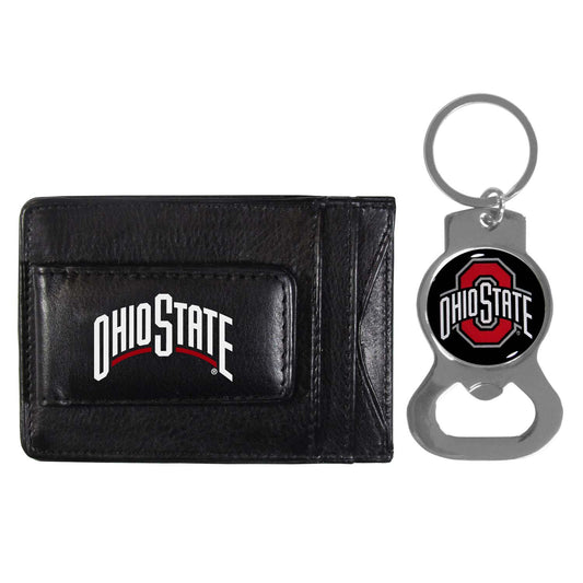 Ohio State Buckeyes School Logo Leather Card/Cash Holder and Bottle Opener Keychain Bundle - Black