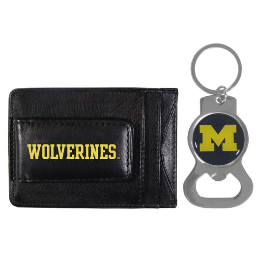 Michigan Wolverines School Logo Leather Card/Cash Holder and Bottle Opener Keychain Bundle - Black