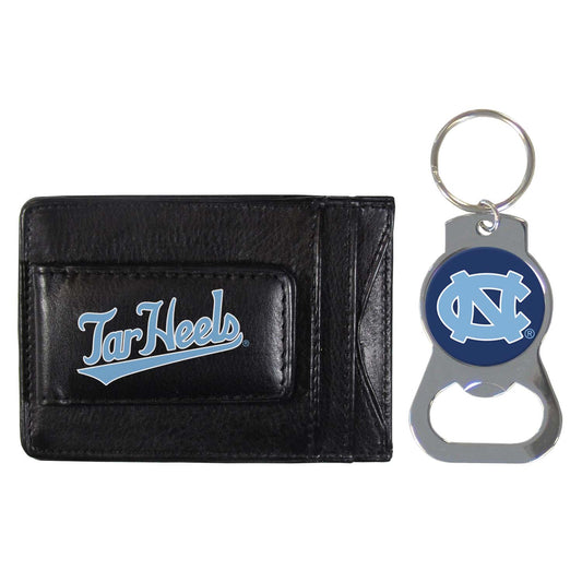 North Carolina Tar Heels School Logo Leather Card/Cash Holder and Bottle Opener Keychain Bundle - Black
