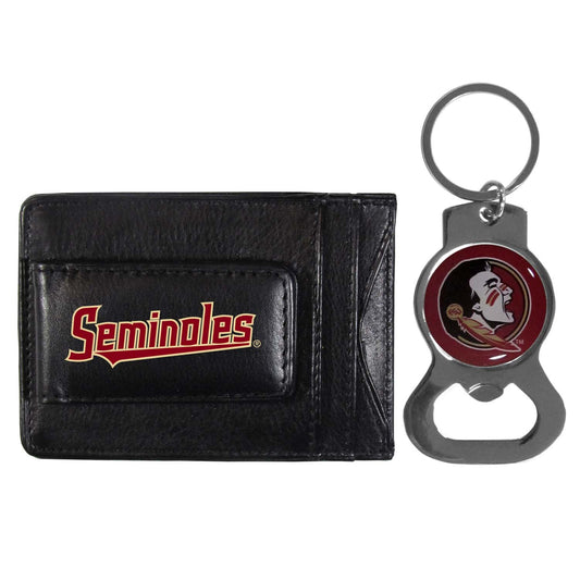 Florida State Seminoles School Logo Leather Card/Cash Holder and Bottle Opener Keychain Bundle - Black
