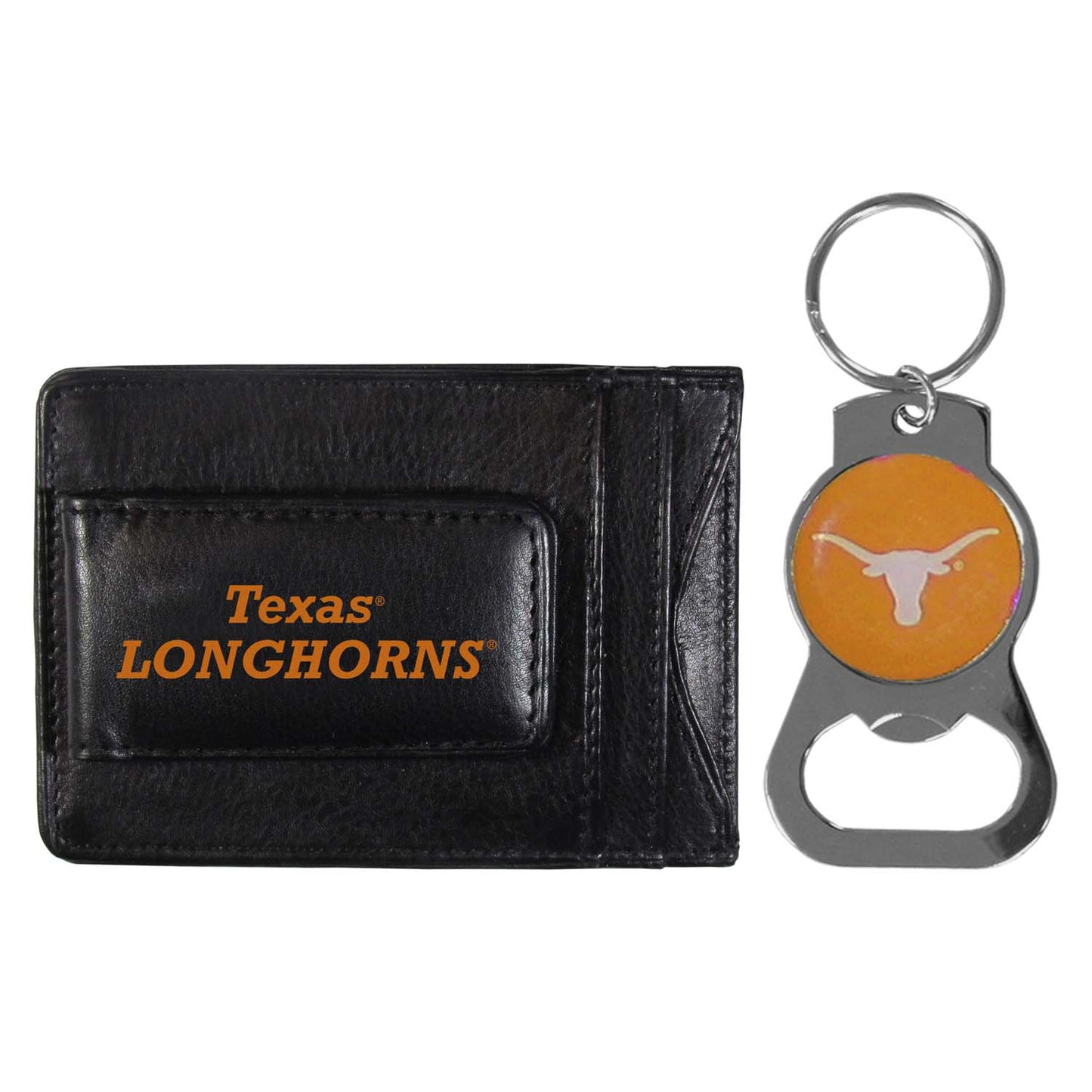 Texas Longhorns School Logo Leather Card/Cash Holder and Bottle Opener Keychain Bundle - Black