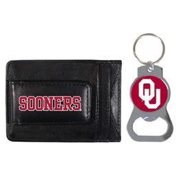 Oklahoma Sooners School Logo Leather Card/Cash Holder and Bottle Opener Keychain Bundle - Black