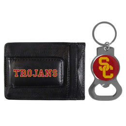 USC Trojans School Logo Leather Card/Cash Holder and Bottle Opener Keychain Bundle - Black