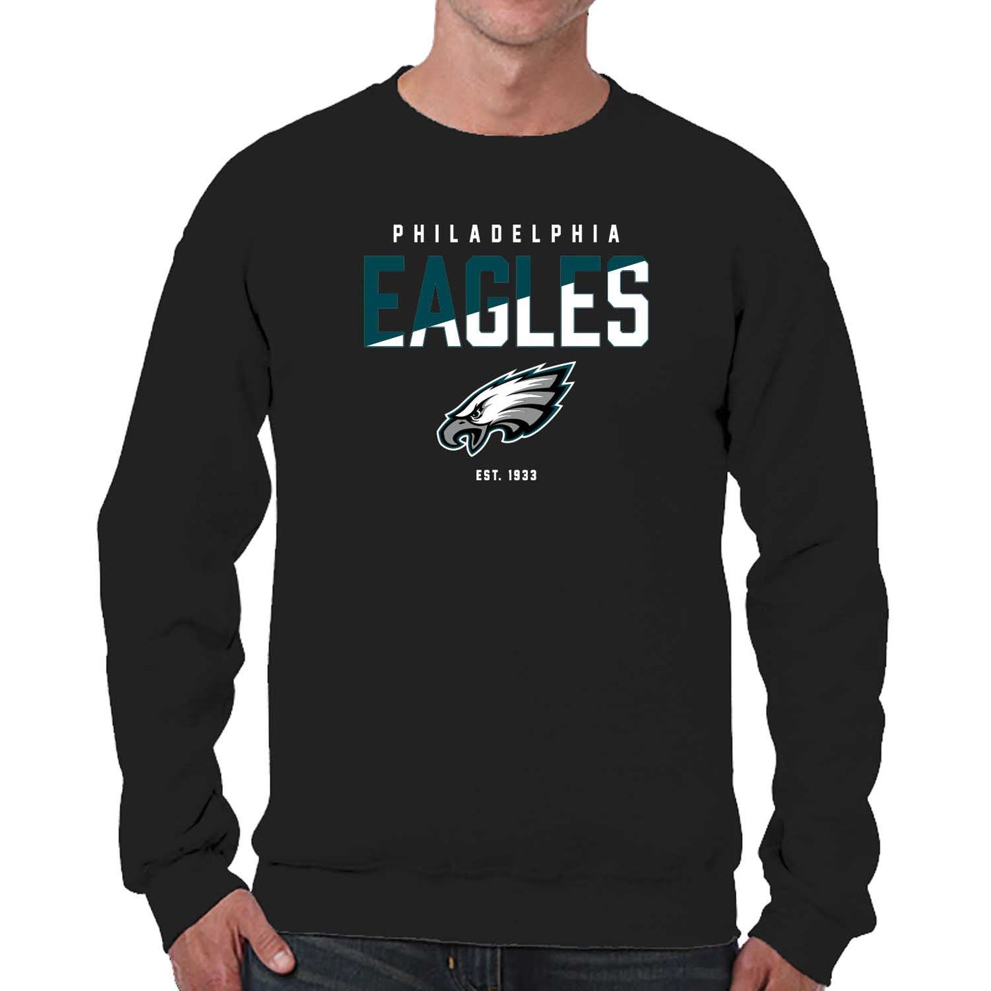 Philadelphia Eagles Adult NFL Diagonal Fade Color Block Crewneck Sweatshirt - Black