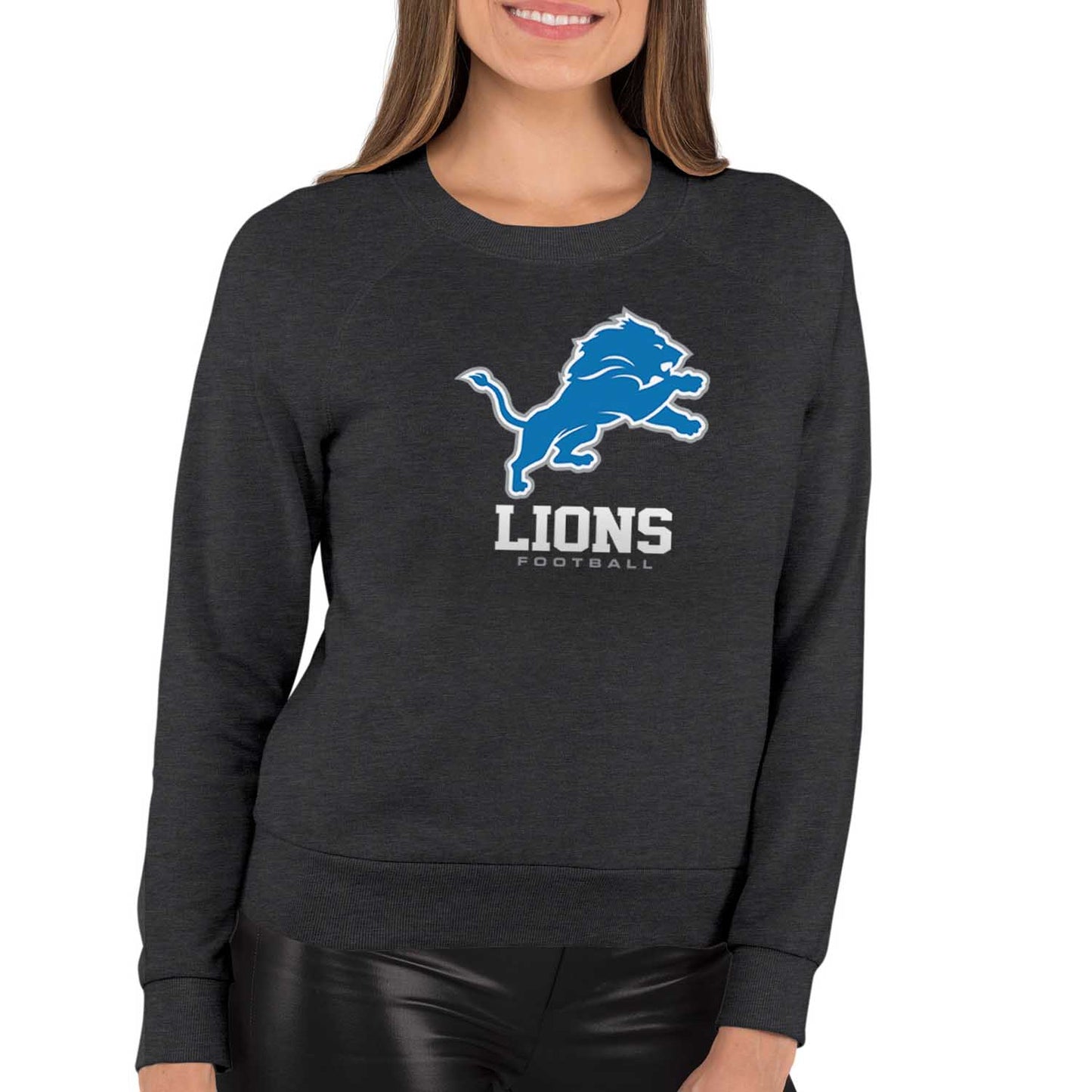 Detroit Lions Women's NFL Ultimate Fan Logo Slouchy Crewneck -Tagless Fleece Lightweight Pullover - Charcoal
