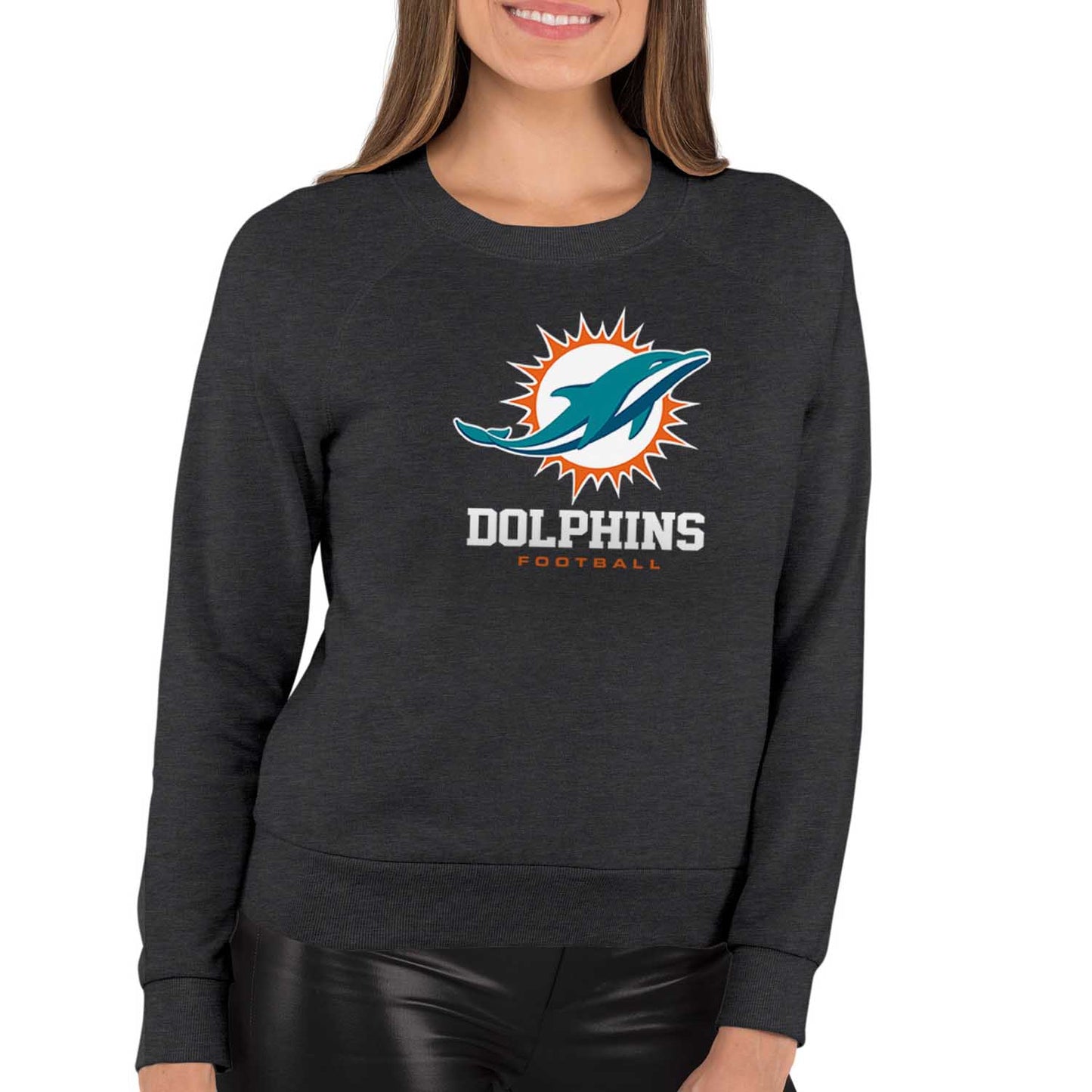 Miami Dolphins Women's NFL Ultimate Fan Logo Slouchy Crewneck -Tagless Fleece Lightweight Pullover - Charcoal