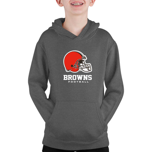 Cleveland Browns Youth NFL Ultimate Fan Logo Fleece Hooded Sweatshirt -Tagless Football Pullover For Kids - Charcoal
