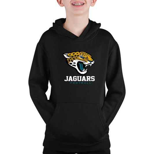 Jacksonville Jaguars Youth NFL Ultimate Fan Logo Fleece Hooded Sweatshirt -Tagless Football Pullover For Kids - Black