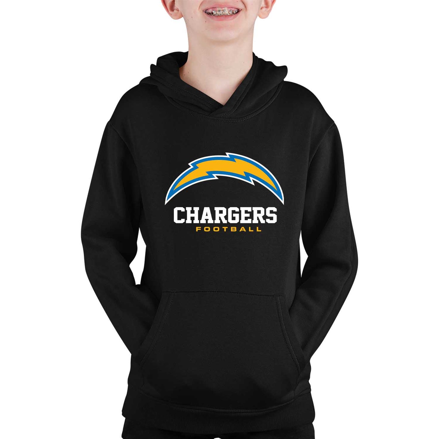 Los Angeles Chargers Youth NFL Ultimate Fan Logo Fleece Hooded Sweatshirt -Tagless Football Pullover For Kids - Black