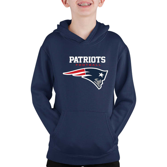 New England Patriots Youth NFL Ultimate Fan Logo Fleece Hooded Sweatshirt -Tagless Football Pullover For Kids - Navy
