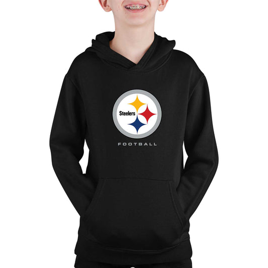 Pittsburgh Steelers Youth NFL Ultimate Fan Logo Fleece Hooded Sweatshirt -Tagless Football Pullover For Kids - Black