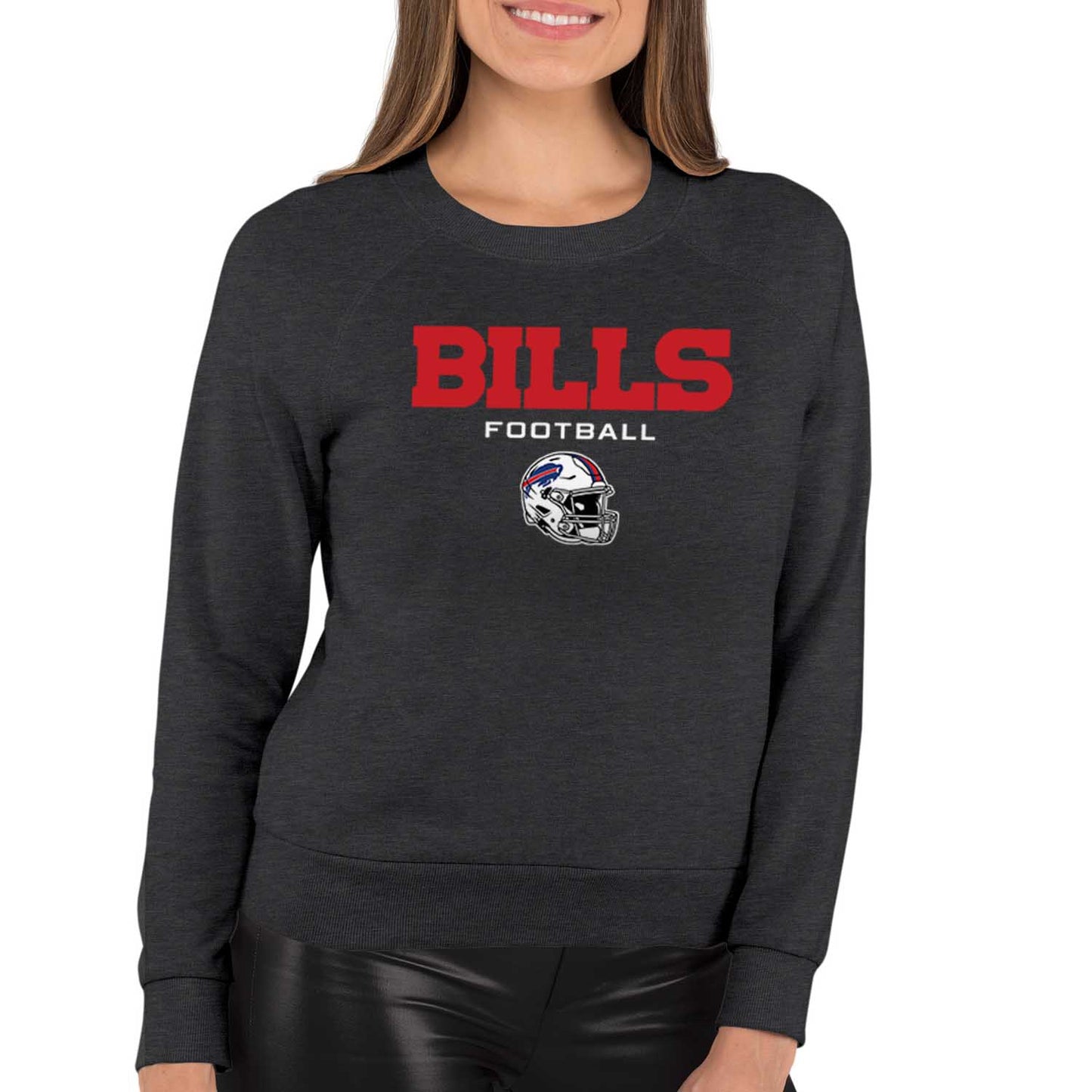 Buffalo Bills Women's NFL Football Helmet Charcoal Slouchy Crewneck -Tagless Lightweight Pullover - Charcoal