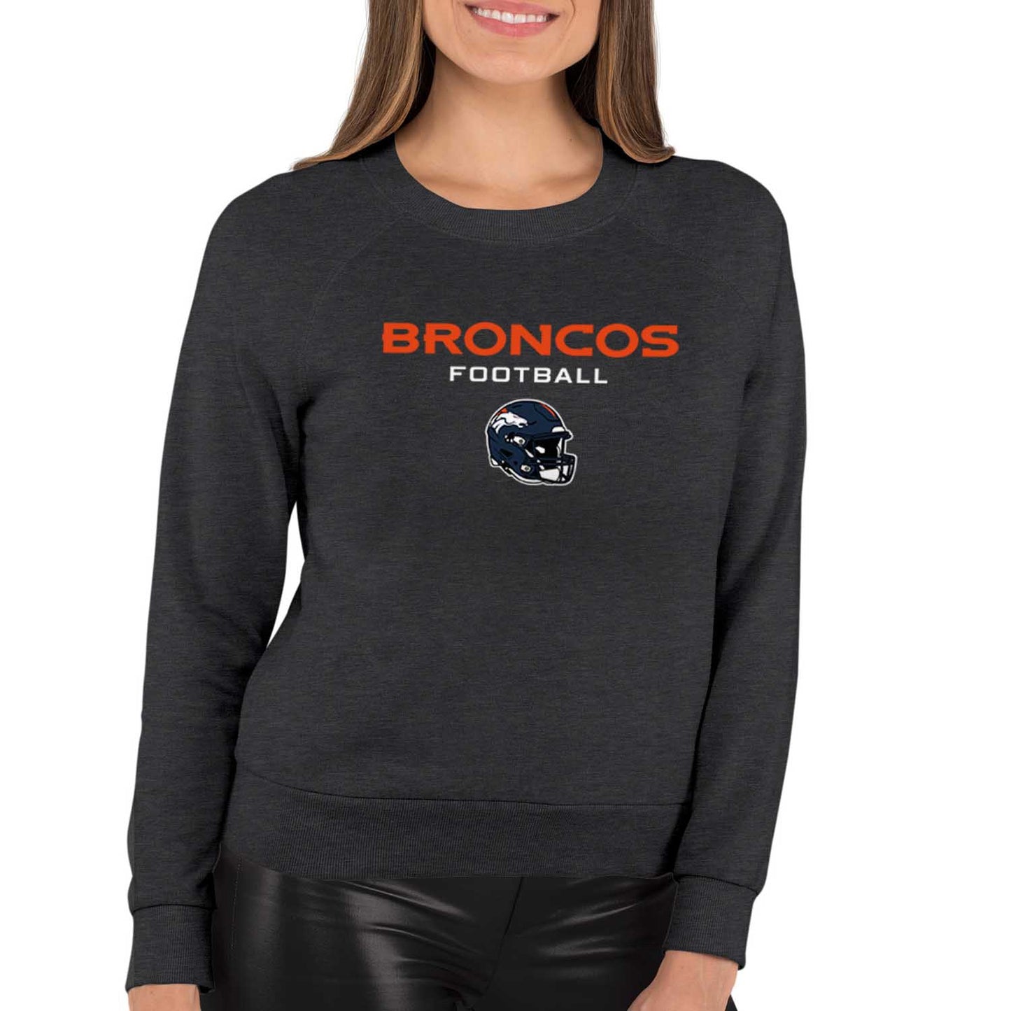Denver Broncos Women's NFL Football Helmet Charcoal Slouchy Crewneck -Tagless Lightweight Pullover - Charcoal