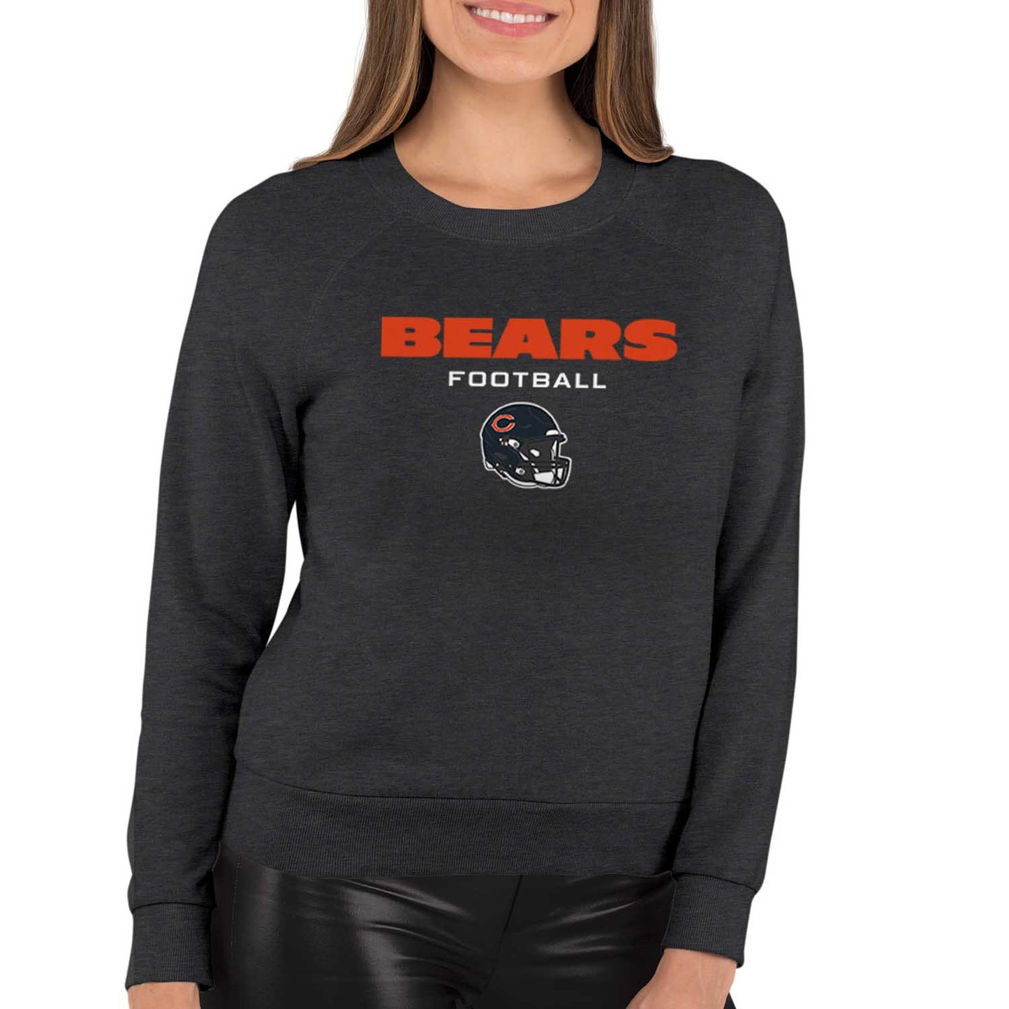 Chicago Bears Women's NFL Football Helmet Charcoal Slouchy Crewneck -Tagless Lightweight Pullover - Charcoal