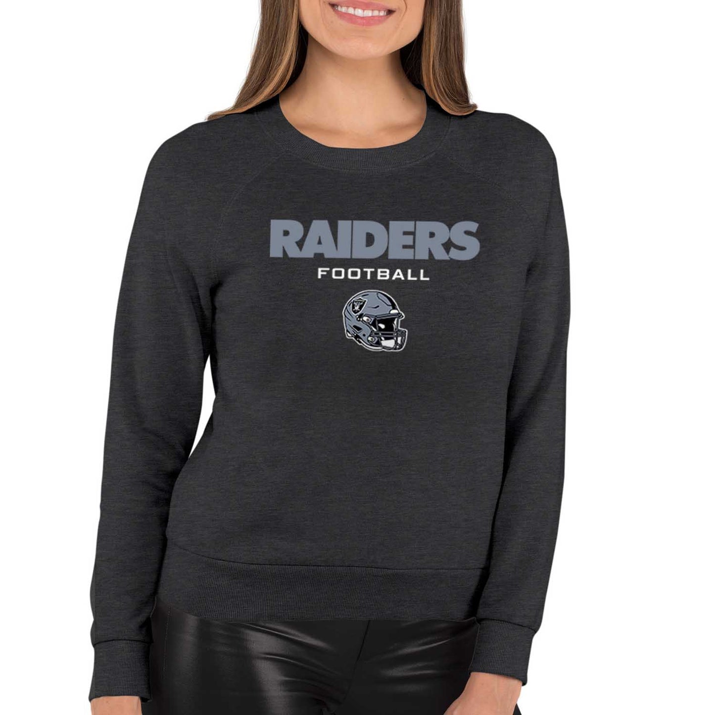 Las Vegas Raiders Women's NFL Football Helmet Charcoal Slouchy Crewneck -Tagless Lightweight Pullover - Charcoal