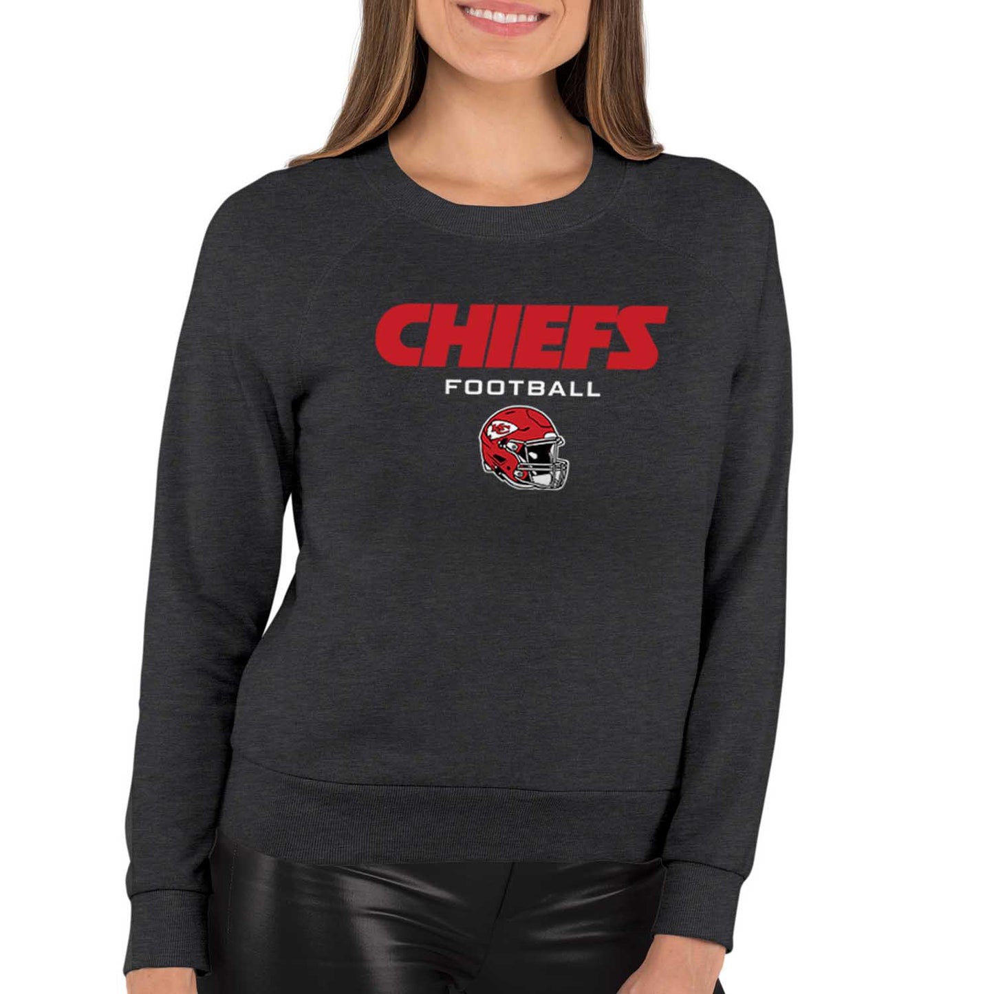 Kansas City Chiefs Women's NFL Football Helmet Charcoal Slouchy Crewneck -Tagless Lightweight Pullover - Charcoal