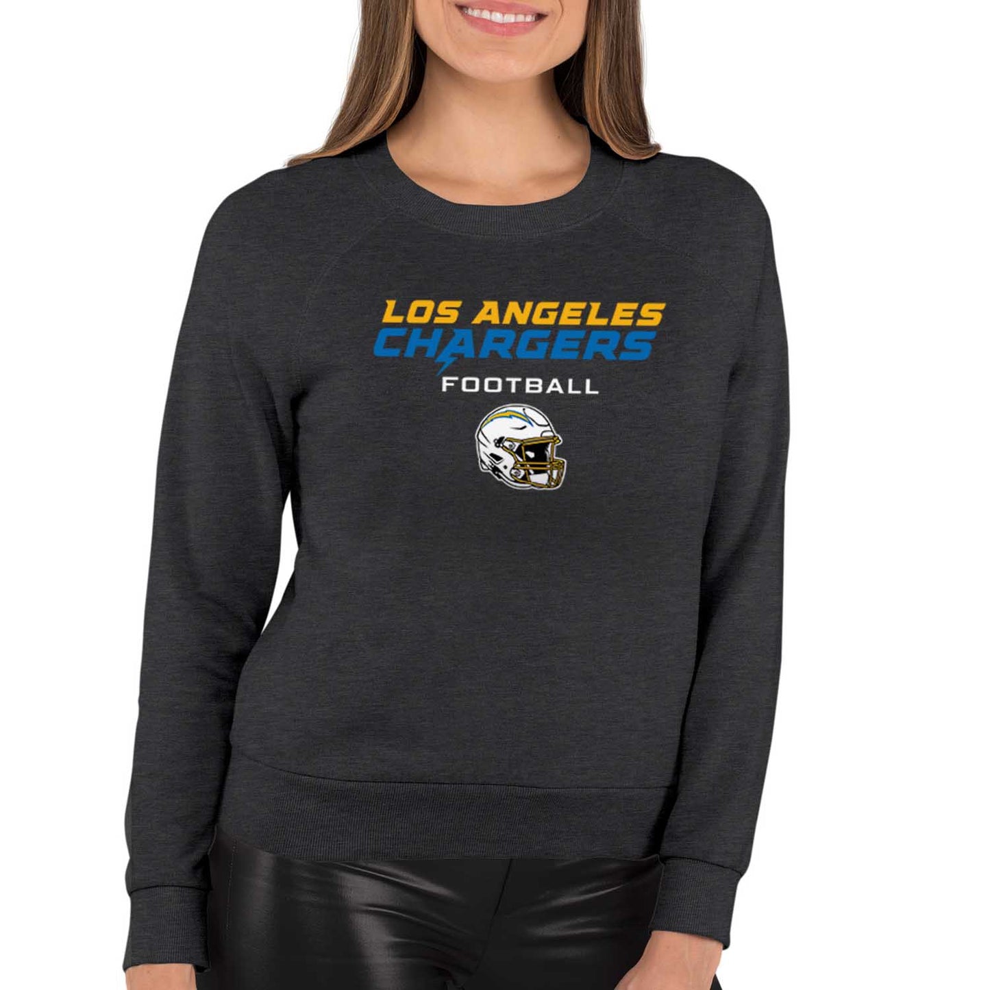 Los Angeles Chargers Women's NFL Football Helmet Charcoal Slouchy Crewneck -Tagless Lightweight Pullover - Charcoal