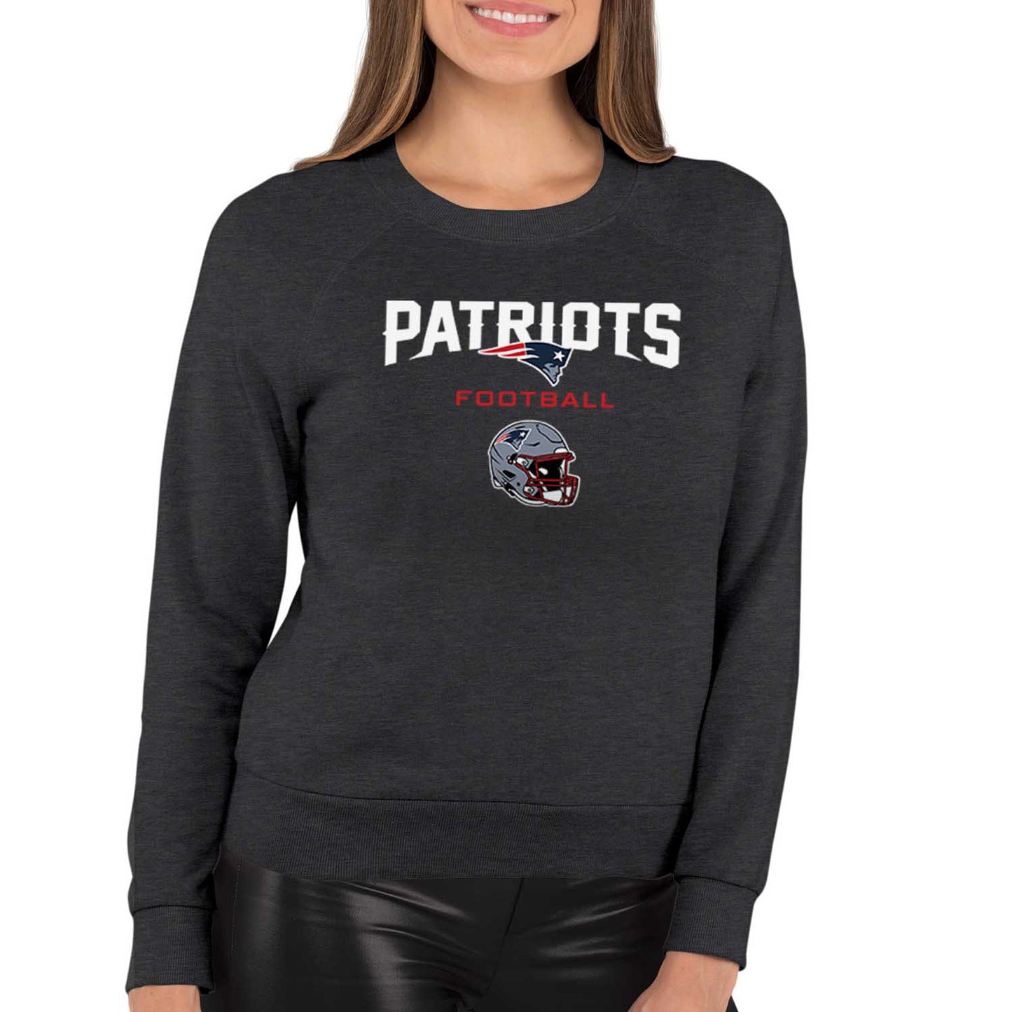 New England Patriots Women's NFL Football Helmet Charcoal Slouchy Crewneck -Tagless Lightweight Pullover - Charcoal