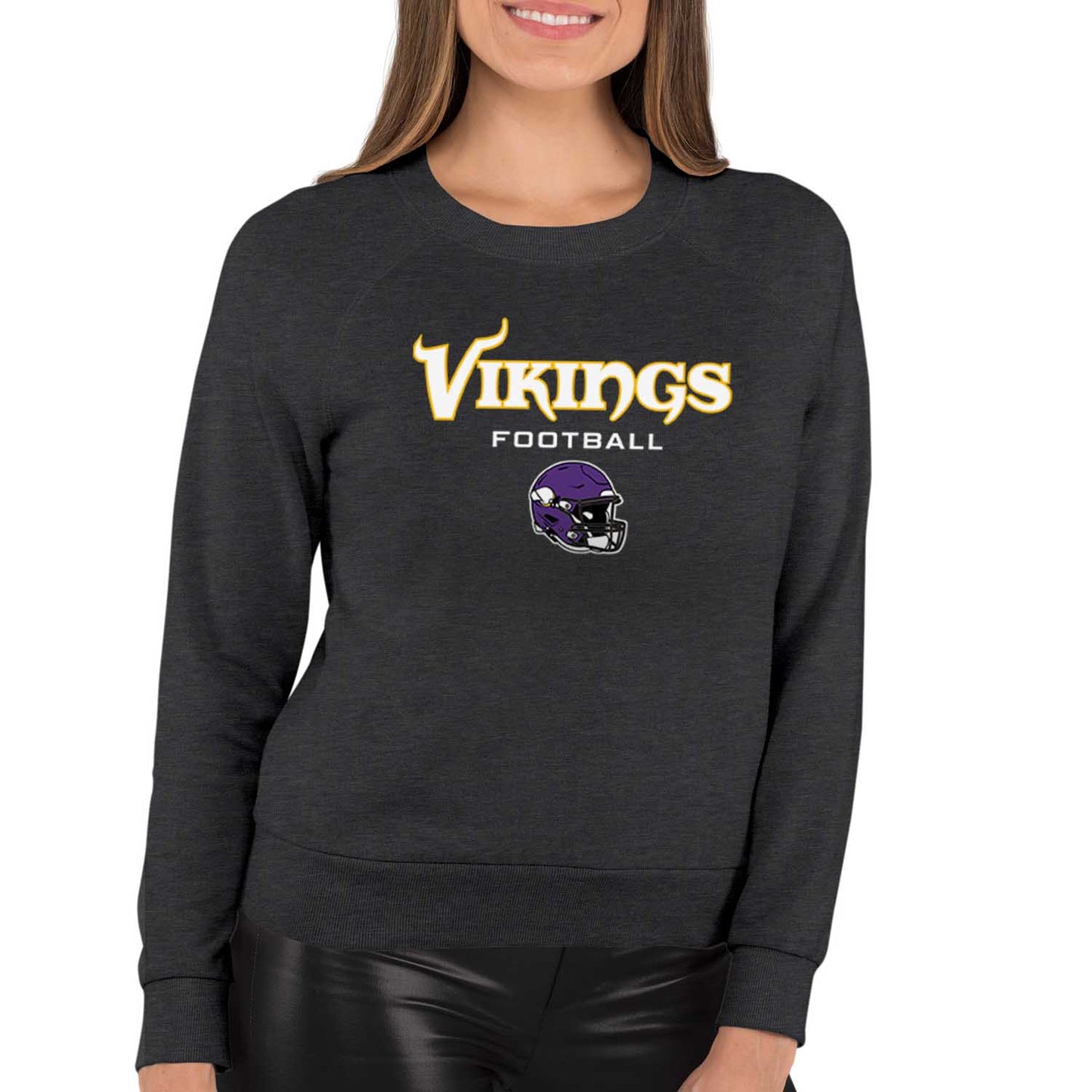 Minnesota Vikings Women's NFL Football Helmet Charcoal Slouchy Crewneck -Tagless Lightweight Pullover - Charcoal